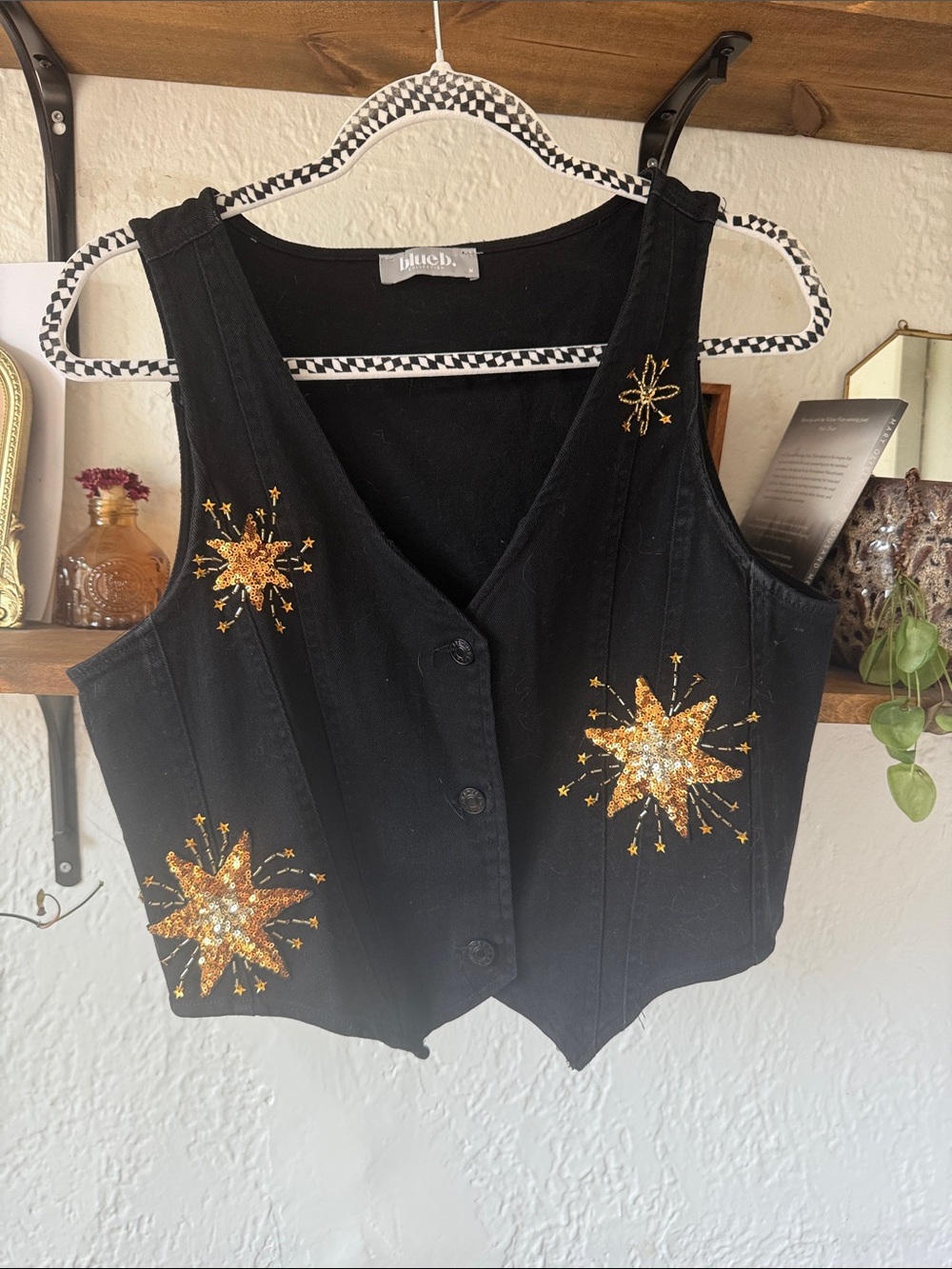 Black Sequin Star Button-Down Vest by